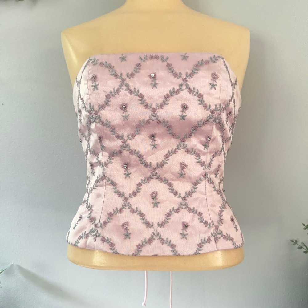 Cache Vtg Y2K Corset Pink Floral Coquette Embroidered Top Lace Up Back Size 5/6
